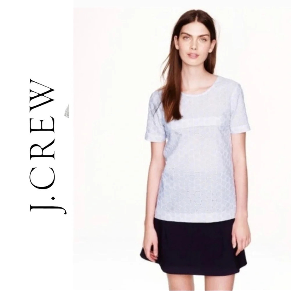 J. Crew Short Sleeve Seersucker Eyelet Top Contrast Back Blue White Size 4